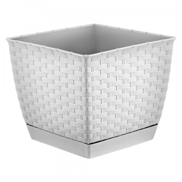 Blumenkübel Rattanoptik mit Untersetzer - weiß - 250 x 250 x 220 mm