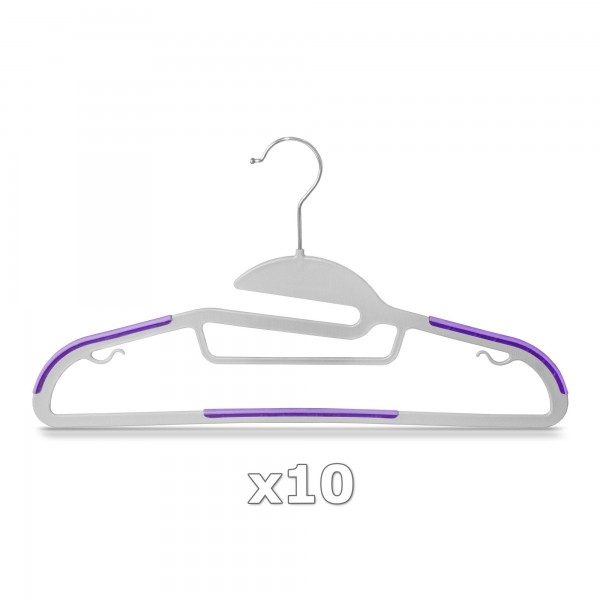 10 Stück - Kleiderbügel Kunststoff Anti-rutsch / extra dünn - Grau / Lila