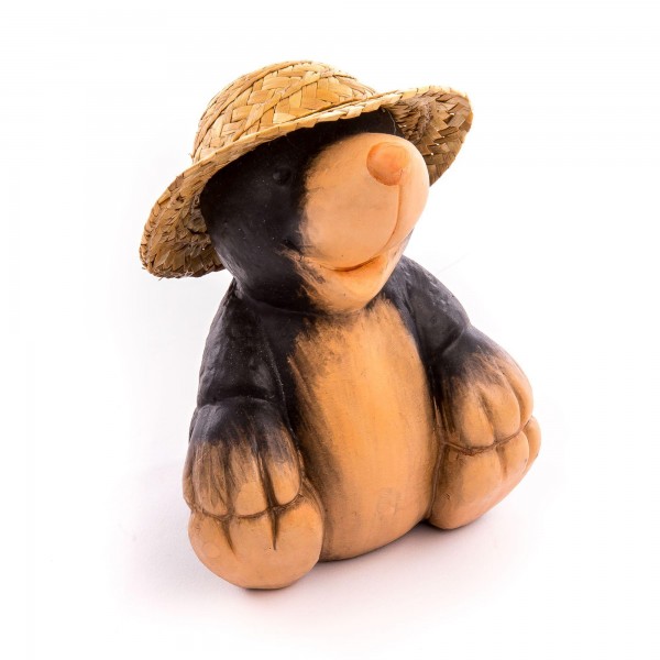 Dekofigur Maulwurf sitzend mit Strohhut - beige/braun - Größe 18 cm