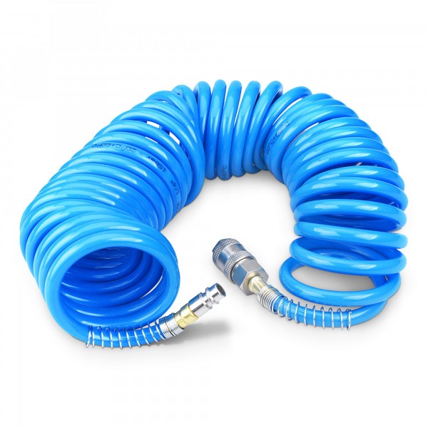 8 m Druckluft Spiralschlauch PU 6mm mit Messing-Schnellkupplung